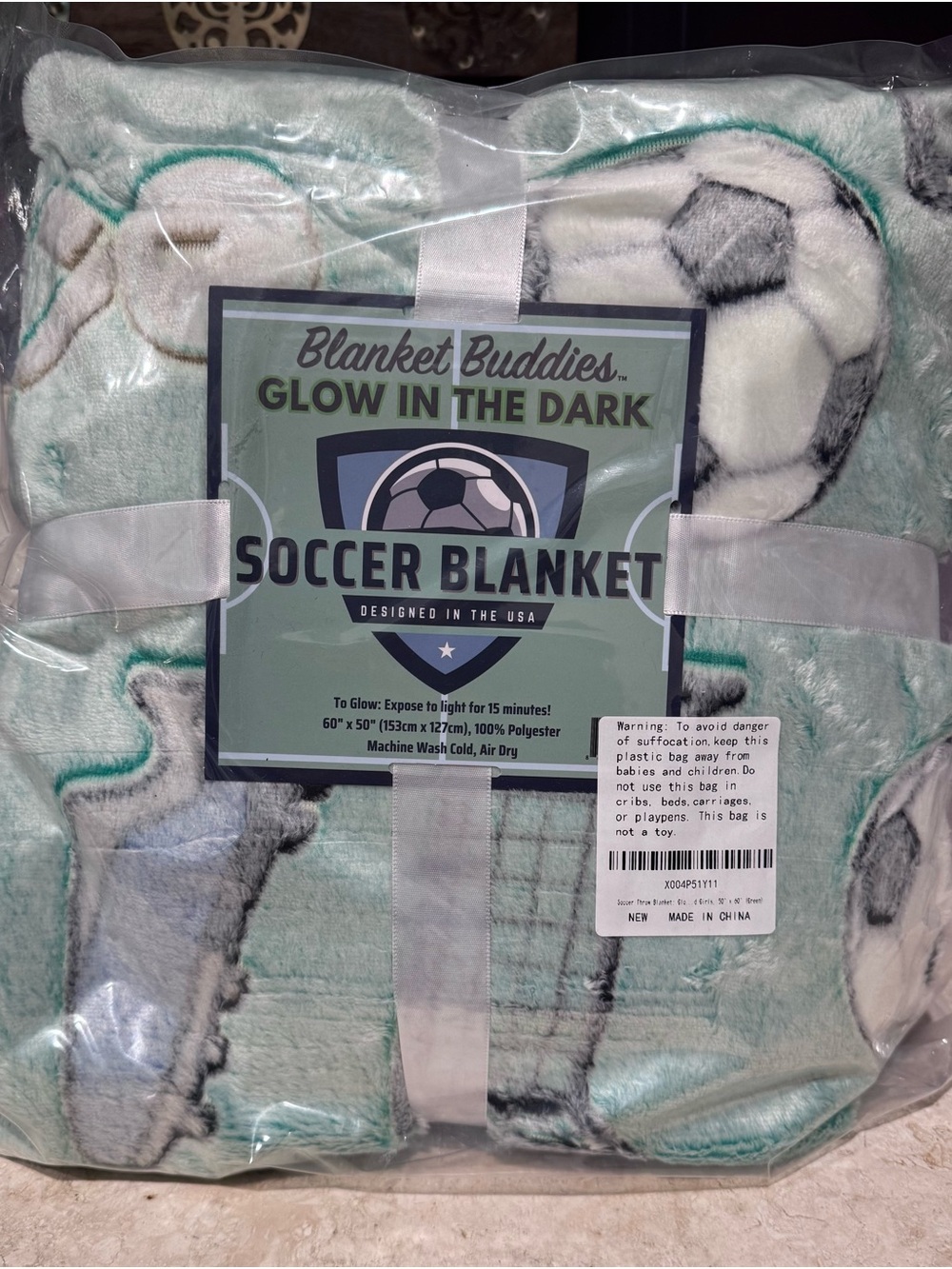 Blanket Buddies Glow-in-the-Dark Soccer Blanket - Mint & White